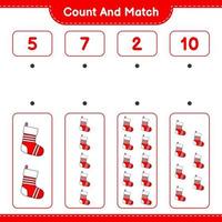 Count and match, count the number of Christmas Sock and match with the right numbers. Educational children game, printable worksheet, vector illustration