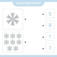 cuenta y empareja, cuenta el número de copos de nieve y empareja con los números correctos. juego educativo para niños, hoja de cálculo imprimible, ilustración vectorial vector