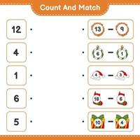 Count and match, count the number of Christmas Ball, Hat, Sock, Gift Box, Cookies and match with the right numbers. Educational children game, printable worksheet, vector illustration