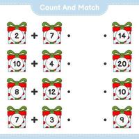 Count and match, count the number of Gift Box and match with the right numbers. Educational children game, printable worksheet, vector illustration