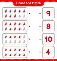 Count and match, count the number of Christmas Sock and match with the right numbers. Educational children game, printable worksheet, vector illustration