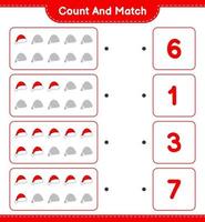 Count and match, count the number of Santa Hat and match with the right numbers. Educational children game, printable worksheet, vector illustration