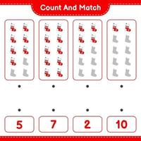 Count and match, count the number of Christmas Sock and match with the right numbers. Educational children game, printable worksheet, vector illustration