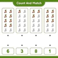 Count and match, count the number of Christmas Sock and match with the right numbers. Educational children game, printable worksheet, vector illustration