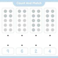 Count and match, count the number of Snowflake and match with the right numbers. Educational children game, printable worksheet, vector illustration