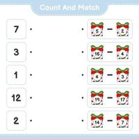 Count and match, count the number of Gift Box and match with the right numbers. Educational children game, printable worksheet, vector illustration