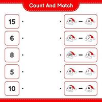 Count and match, count the number of Santa Hat and match with the right numbers. Educational children game, printable worksheet, vector illustration