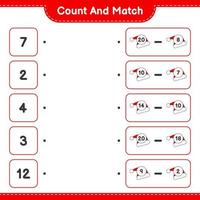 Count and match, count the number of Santa Hat and match with the right numbers. Educational children game, printable worksheet, vector illustration