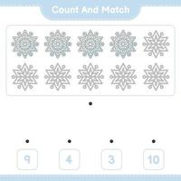 cuenta y empareja, cuenta el número de copos de nieve y empareja con los números correctos. juego educativo para niños, hoja de cálculo imprimible, ilustración vectorial vector