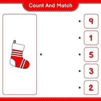Count and match, count the number of Christmas Sock and match with the right numbers. Educational children game, printable worksheet, vector illustration