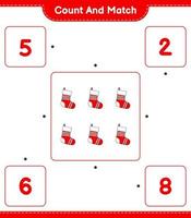 Count and match, count the number of Christmas Sock and match with the right numbers. Educational children game, printable worksheet, vector illustration