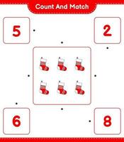 Count and match, count the number of Christmas Sock and match with the right numbers. Educational children game, printable worksheet, vector illustration