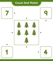 cuenta y empareja, cuenta el número de árboles de navidad y empareja con los números correctos. juego educativo para niños, hoja de cálculo imprimible, ilustración vectorial vector