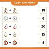 Count and match, count the number of Gingerbread Man, Tree, Sock, Christmas Ball, Snowflake and match with the right numbers. Educational children game, printable worksheet, vector illustration