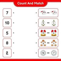 Count and match, count the number of Snowflake, Hat, Tree, Bell, Gingerbread Man and match with the right numbers. Educational children game, printable worksheet, vector illustration