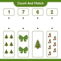 Count and match, count the number of Christmas Tree, Ribbon, Christmas Sock and match with the right numbers. Educational children game, printable worksheet, vector illustration