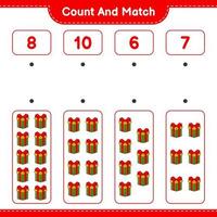 Count and match, count the number of Gift Box and match with the right numbers. Educational children game, printable worksheet, vector illustration