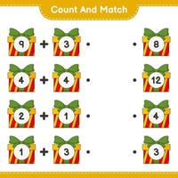 Count and match, count the number of Gift Box and match with the right numbers. Educational children game, printable worksheet, vector illustration