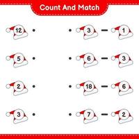 Count and match, count the number of Santa Hat and match with the right numbers. Educational children game, printable worksheet, vector illustration