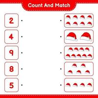 Count and match, count the number of Santa Hat and match with the right numbers. Educational children game, printable worksheet, vector illustration