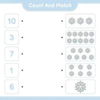 Count and match, count the number of Snowflake and match with the right numbers. Educational children game, printable worksheet, vector illustration