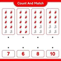 Count and match, count the number of Christmas Sock and match with the right numbers. Educational children game, printable worksheet, vector illustration