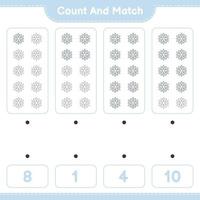 Count and match, count the number of Snowflake and match with the right numbers. Educational children game, printable worksheet, vector illustration