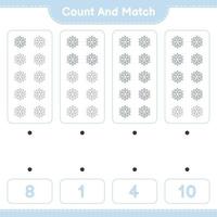 Count and match, count the number of Snowflake and match with the right numbers. Educational children game, printable worksheet, vector illustration