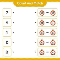 Count and match, count the number of Christmas Ball and match with the right numbers. Educational children game, printable worksheet, vector illustration