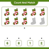cuente y combine, cuente el número de calcetín navideño y combine con los números correctos. juego educativo para niños, hoja de cálculo imprimible, ilustración vectorial vector