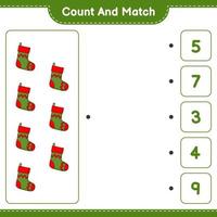 Count and match, count the number of Christmas Sock and match with the right numbers. Educational children game, printable worksheet, vector illustration