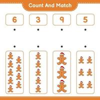 Count and match, count the number of Gingerbread Man and match with the right numbers. Educational children game, printable worksheet, vector illustration