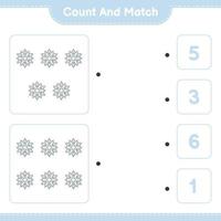 Count and match, count the number of Snowflake and match with the right numbers. Educational children game, printable worksheet, vector illustration