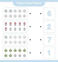 Count and match, count the number of Snowflake, Christmas Ball, Gift Box and match with the right numbers. Educational children game, printable worksheet, vector illustration