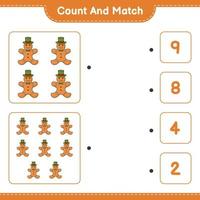 Count and match, count the number of Gingerbread Man and match with the right numbers. Educational children game, printable worksheet, vector illustration
