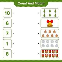 Count and match, count the number of Snowflake, Gift Box, Tree, Christmas Bell, Gingerbread Man and match with the right numbers. Educational children game, printable worksheet, vector illustration