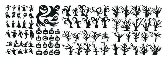 Set of Halloween Silhouette Icon and Character. Halloween Vector Illustration Isolated on White Background