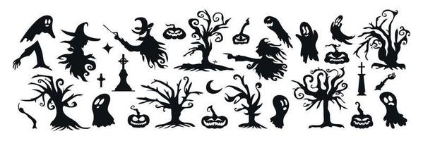 Set of Halloween Silhouette Icon and Character. Halloween Vector Illustration Isolated on White Background