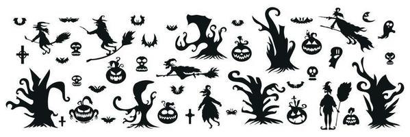 Set of Halloween Silhouette Icon and Character. Halloween Vector Illustration Isolated on White Background