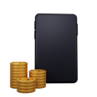 Conceito de finanças de renderização de modelo 3D com telefone celular e moeda de dinheiro, economia e crescimento de dinheiro, ilustração png