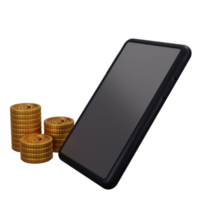 Concetto di finanza di rendering del modello 3d con telefono cellulare e moneta, risparmio e crescita di denaro, illustrazione png