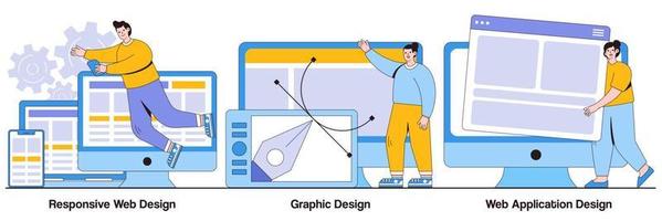 Responsive web design, graphic design, web application design concept with people character. Adaptive programming vector illustration set. Multi device development, software engineering metaphor