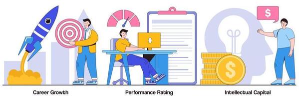 crecimiento profesional, calificación de desempeño, concepto de capital intelectual con carácter de personas. conjunto de ilustración de vector de eficiencia de empleado. desafío y éxito de la empresa, metáfora del sistema de puntuación del puesto de trabajo