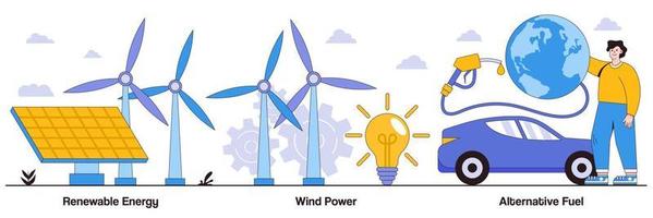 Renewable energy, wind power, alternative fuel concept with people character. Clean energy vector illustration set. Solar panels, green electricity, charging station, light bulb, windfarm metaphor