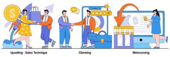paquete ilustrado de técnica de ventas, clientes y webrooming vector