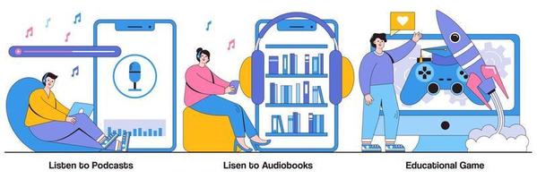 escucha podcasts y audiolibros, paquete ilustrado de juegos educativos vector