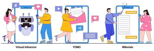 Virtual influencer, FOMO, millennials generation concept with tiny people. Online communication vector illustration set. Digital native and social media, brand avatar, fear of missing out metaphor