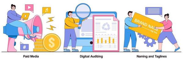 Paid media, digital auditing, naming and taglines concept with tiny people. Marketing platform, online documentation inspection, corporate identity development abstract vector illustration set