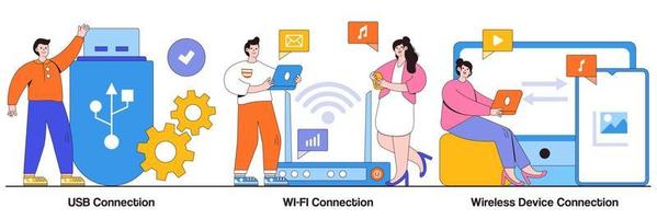 conexión usb, concepto de conexión de dispositivo de distancia wi-fi con personas diminutas. conjunto de ilustraciones vectoriales abstractas de dispositivos conectados a distancia. enrutador inalámbrico de Internet, módem, metáfora del dispositivo de almacenamiento de datos vector