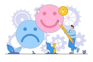 Optimistic, joyful, or optimistic thinking to inspire people, emotional intelligence, balance of happiness and sadness concepts illustrations. A man drawing from sad to happy feelings vector